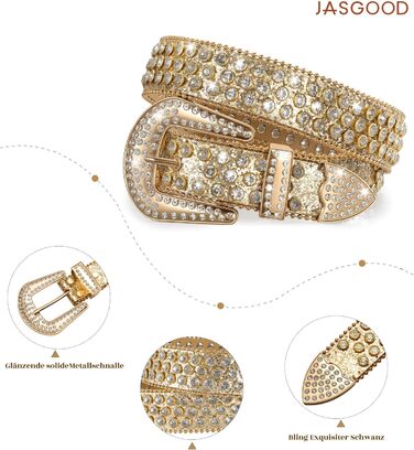 Жіночий шкіряний ремінь JasGood з камінням, в стилі вестерн, ковбойський, з заклепками, для джинсів та штанів (Золотий, 115 см, підходить для розміру 81-95 см)