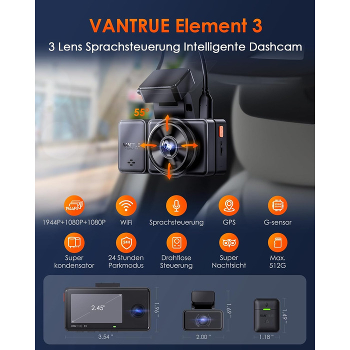 Відеореєстратор VANTRUE E3 2.7K трьохканальний з WiFi, нічним баченням та паркувальним режимом