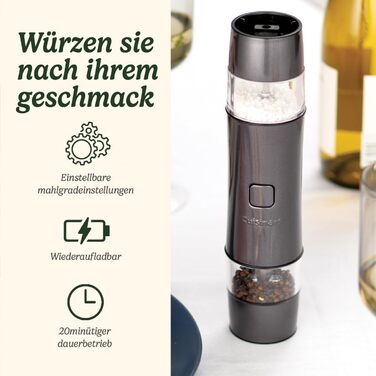 Електричний набір для солі та перцю Cuisinart | Перезаряджувана подрібнювач спецій | Без батарейок, 20 хв зарядки | З мірною кришкою, регулювання помелу | Синій