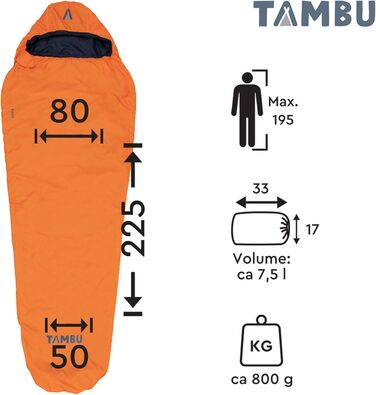 Спальний мішок Tambu Mumienschlafsack 80x210см - компактний, для літа, осені та зими. Підходить для кемпінгу, подорожей, фестивалів. PFC-free (помаранчевий)