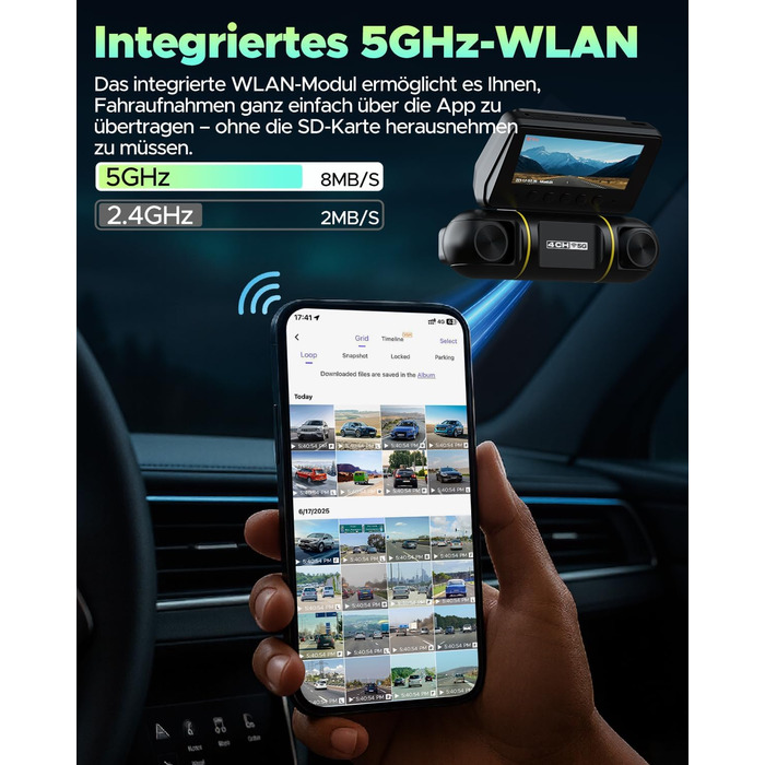 Відеореєстратор LAMTTO 360° з 4 камерами: передня, задня, внутрішня + паркувальний монітор. 5G WiFi, APP-керування, IR нічне бачення, комплект для підключення до акумулятора, SD-карта 128GB.