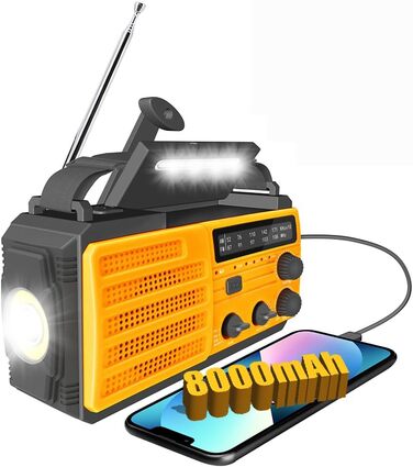 Радіо TKMARS Notfall 8000mAh: радіо з ручкою, FM/AM, сонячна панель, зарядка 2 телефонів, 3-рівні освітлення, SOS-сигнал