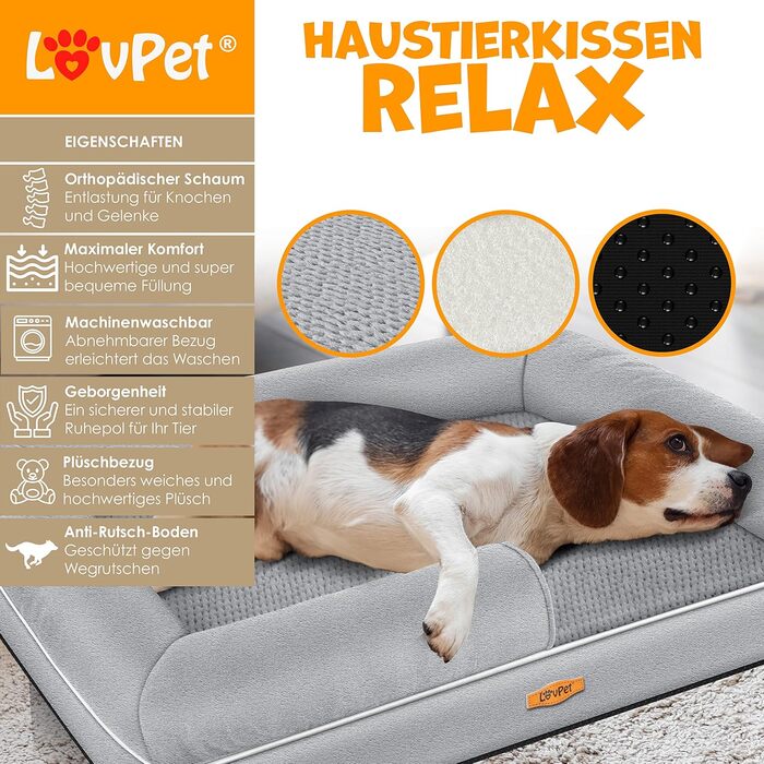 Orthopedic Dog Bed, Dog Cushion, Dog Basket Relax, Incl. Bowl + 3x Chew Bones, Dog Sofa for Small, Medium & Large Dogs, Removable and Washable Cover, 91x71x22cm (L (106 x 80 x 25 cm), Grey)