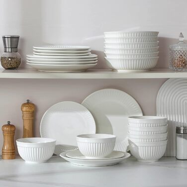 MALACASA LEILA Набір посуду на 6 осіб, 24 елементи: тарілки, миски, порцеляна, ручна робота, для мікрохвильовки та посудомийної машини, білий