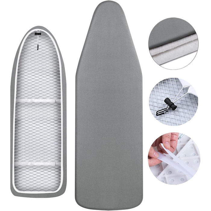 Чохол для гладильної дошки, 140 x 50 см, великий, з бавовни 100%, товстий, антиковзкий, сірий, XXL