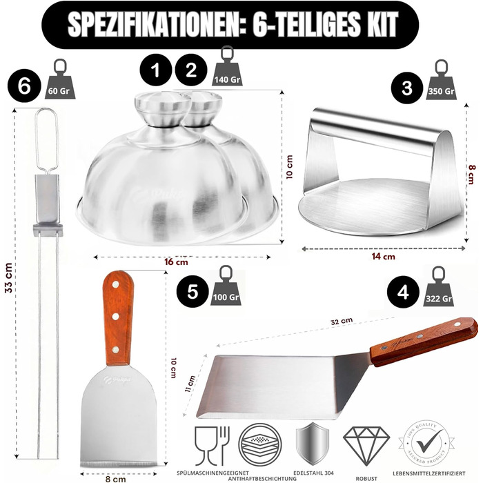 Набір для приготування Smash Burger: прес, сплескач, 2 кришки для плавлення, лопатка та шампури для гриля – подарунок для чоловіків та любителів гриля (6 шт, коричневий)