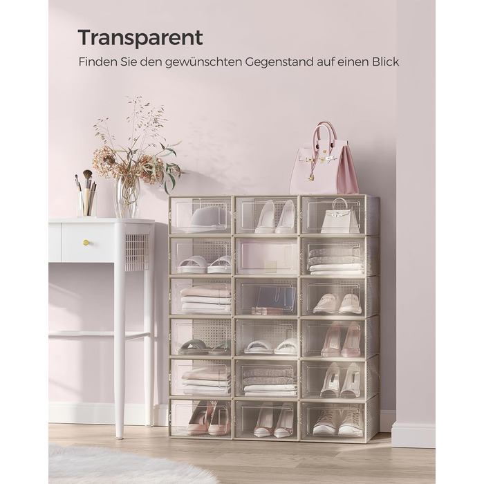 SONGMICS Shoe Boxes, 18-Piece Set, Plastic Shoe Organizer, Foldable and Stackable, for Shoes up to Size 44, Transparent-White LSP18SWT (Transparent + Oatmeal Beige, 18-Piece Set for Shoes up to Size 44)