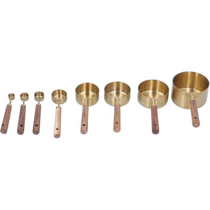 KOSDFOGE 8-Piece Stainless Steel Measuring Cup Set with Wooden Handle, Bartending Scale, Measuring Spoons, Baking Tool
