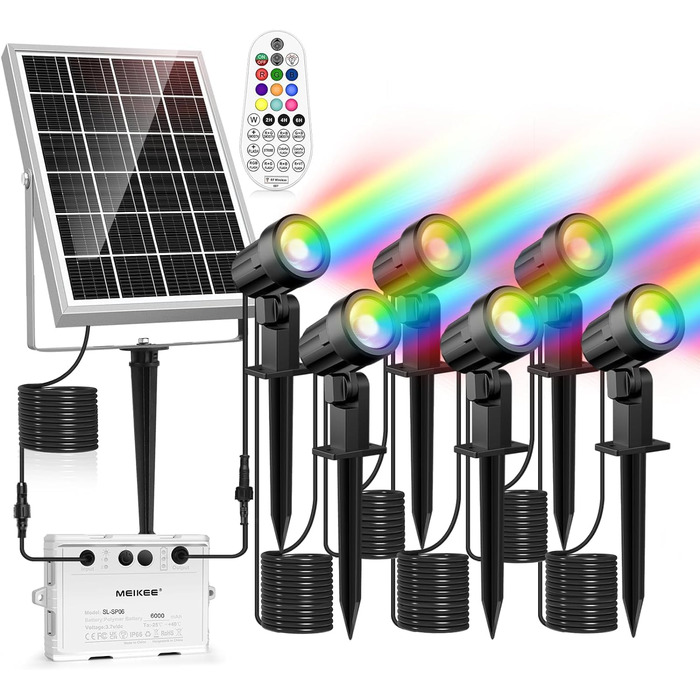 MEIKEE Solar Lights for Outdoors with Remote Control, 10 Colors, 30 Cycle Modes, Garden Lighting, Colorful, Auto ON/OFF Timer, Garden Light, IP66 Waterproof Solar Spotlights for Outdoors, Garden, Path, Trees, Balcony, 6 Pack