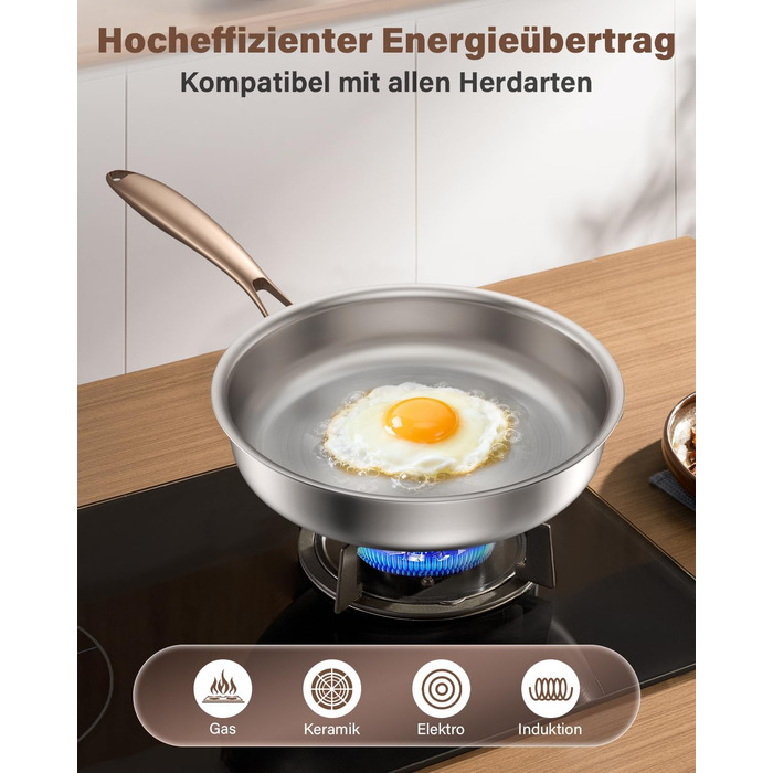 Сковорода Edelstal 28 см з титановим покриттям, індукційна, нержавіюча сталь 18/10, з рожево-золотистою ручкою (без PTFE, PFAS, PFOA) для всіх типів плит