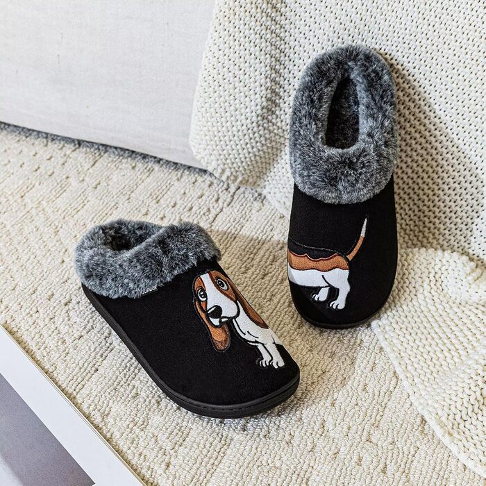 Тапочки домашні жіночі/чоловічі з вишивкою у вигляді собаки, теплі, з плюшевою підкладкою, зимові, чорні (42/43 EU)