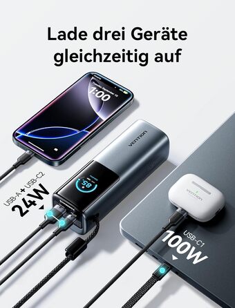 Power Bank VENTION 20000mAh 165W з дисплеєм та Emoji, інтегрований кабель USB-C, 2×100W USB-C + USB-A. Сумісний з MacBook Pro, iPad, Dell/HP, iPhone, Galaxy