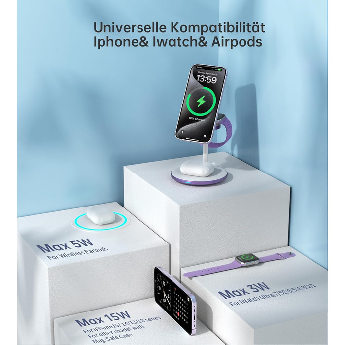 3-в-1 Індукційна Зарядка для Кілька Пристроїв, 15W MagSafe, iPhone 15/14, iWatch Ultra/Series 9/8, AirPods, Білий/Фіолетовий