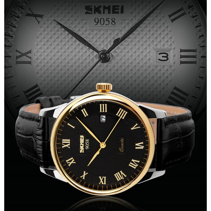 Чоловічий годинник SKMEI з римськими цифрами та шкіряним ремінцем, аналоговий кварц (чорний/золотий)