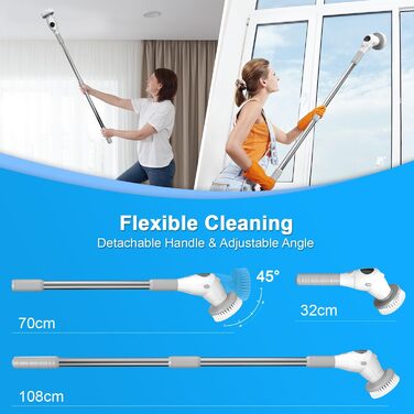 Electric Cleaning Brush, Electric Spin Scrubber Cordless with 8 Interchangeable Brush Heads, 3 Speed, Adjustable Handle, LED Display Electric Brush for Bathroom, Kitchen, Car, Tiles