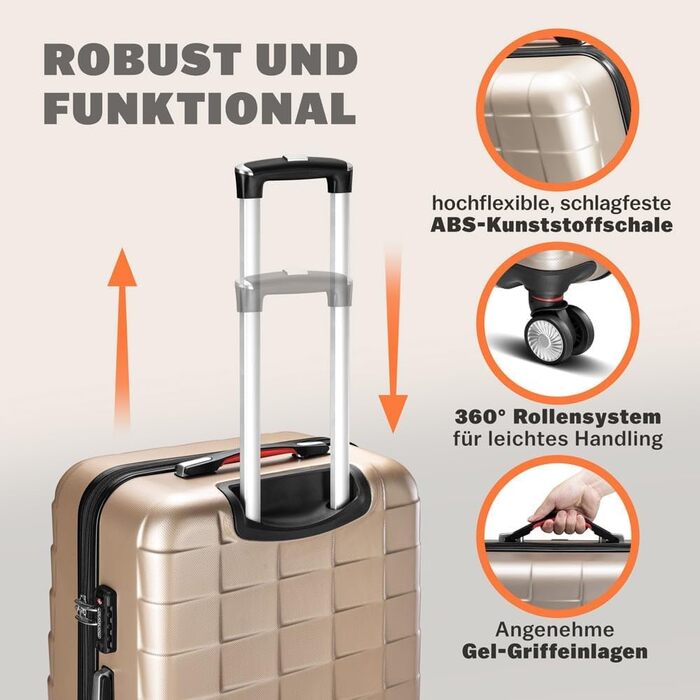 Набір валіз Monzana 3шт Exopack TSA, колір шампань: M, L, XL, жорсткий корпус, гелеві ручки, 4 колеса, телескопічна ручка