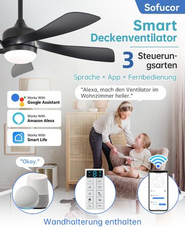 Стельовий вентилятор Sofucor Smart з підсвічуванням 132 см, сумісний з Alexa/APP, пульт, 3 режими світла, таймер, 6 швидкостей, тихий DC для вітальні (Чорний)