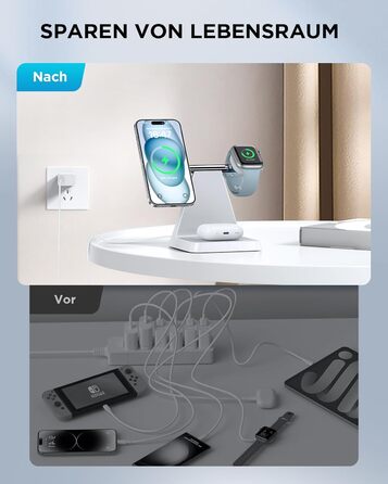 Бездротовий зарядний пристрій MagSafe 3-в-1 для iPhone: зарядка для Apple Watch та AirPods, сумісна з iPhone 16, 15, 14, 13, 12 (білий)