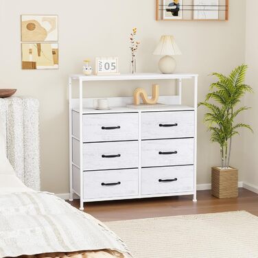 LYNCOHOME Chest of Drawers, Fabric Chest of Drawers, TV Stand Sideboard with 6 Fabric Drawers, Storage Cabinet Bedroom Drawer Chest Kitchen Organizers Furniture for Office Hallway (White-826)