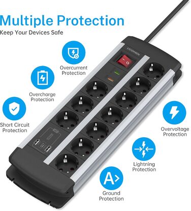 Многофункціональна мережева панель Ucomen з USB та захистом від перенапруги (3680W, 16A) для комп'ютерних столів, 10 розеток, 20W USB-A та USB-C зарядка, кабель 1.5м