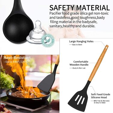 Набір кухонних аксесуарів KagoLing: 13 предметів з силікону з дерев'яними ручками (ложка, щипці, вінчик, шпатель)