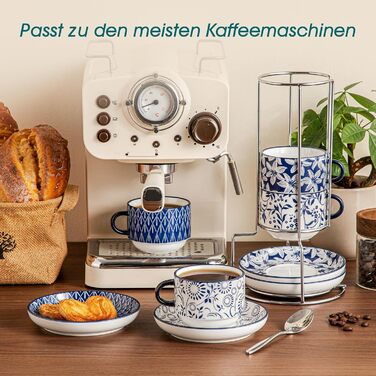 Набір чашок для еспресо Vancasso SELENE: 4 шт., з підставкою та стійкою, блакитно-білий вінтажний дизайн, порцеляна, для кави, капучино, лате та чаю