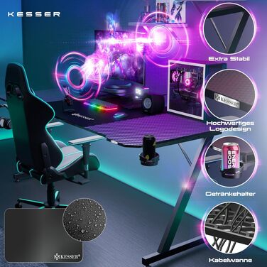Ігровий стіл KESSER Gaming Z-подібний, 160x60 см, з карбоновим покриттям, підставкою для напоїв та гачком для навушників, чорний