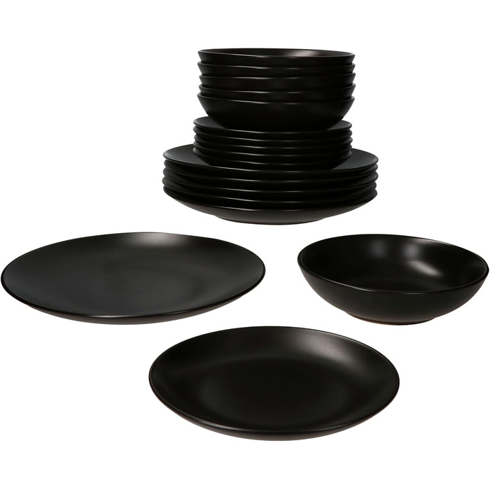 Набір посуду MamboCat Panther 18 предметів чорного кольору (матова кераміка) для 6 осіб: 6 тарілок для їжі, 6 супових тарілок 420 мл, 6 десертних тарілок