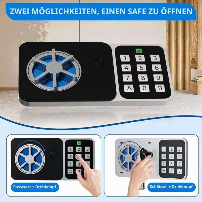Цифровий мінісейф Safe Tresor на 6,8 л, синій — компактний домашній сейф для документів та цінностей з електронним замком та 2 ключами, 23 x 17 x 17 см