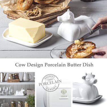 WM Bartleet & Sons 1750 Traditional Porcelain Butter Dish with Lid, Cow Design, 19 cm, White