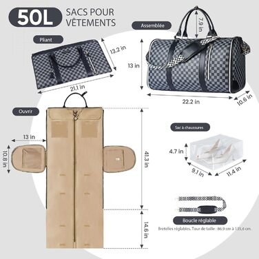 Сумка-трансформер для подорожей 50 л, 2-в-1 з водонепроникним взуттям та системою проти зминання – для жінок та чоловіків, ідеальна для ділових поїздок та відпочинку (Чорна)