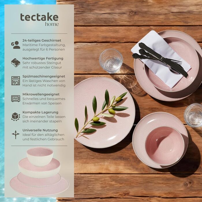 Посуд TekTake 24 предмети на 6 осіб, керамічний набір, колір Coral Blush - тарілки, миски, для мікрохвильовки та посудомийної машини