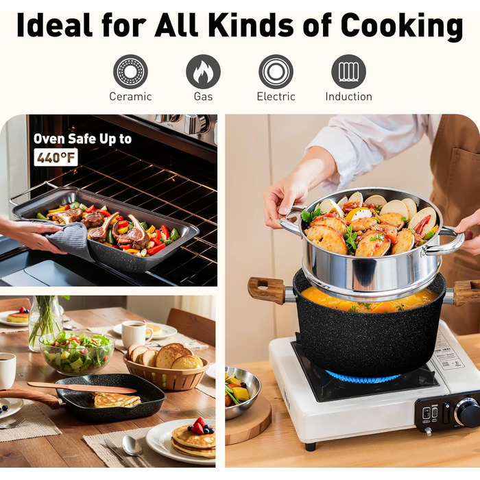 Набір посуду Kitchen Academy 17 предметів з антипригарним покриттям, для індукційних плит, гранітне покриття, чорний колір