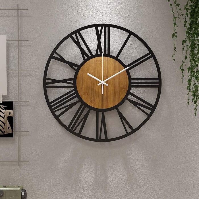 HAITANG Round Wall Clock, Black, 34 cm, for Living Room, Decoration, Vintage Style, Roman Numerals, Silent, Non-Ticking, Wall Clocks for Home, Garden, Office, Cafe Decoration