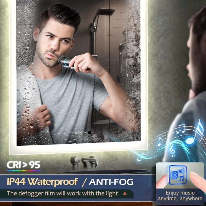 Дзеркало для ванної кімнати LED з підсвіткою, настінне, Bluetooth, антизапарник, IP44, вертикальне/горизонтальне (50x70 см)