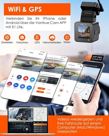 VANTRUE E1 Lite Mini Dashcam: відеореєстратор для авто з WiFi, 1080P HDR, 30fps, GPS, G-Sensor, нічне бачення, паркувальний режим, 160°
