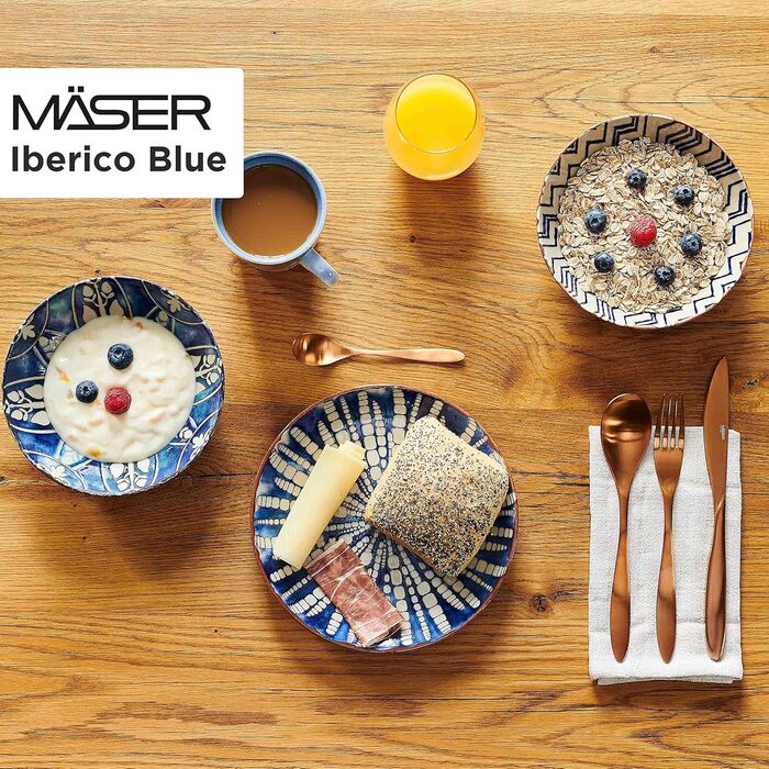 MÄSER 934017 Iberico Blue 12-piece tableware set for 4 people in Moorish style, plate set with various vintage patterns in white and blue, stoneware