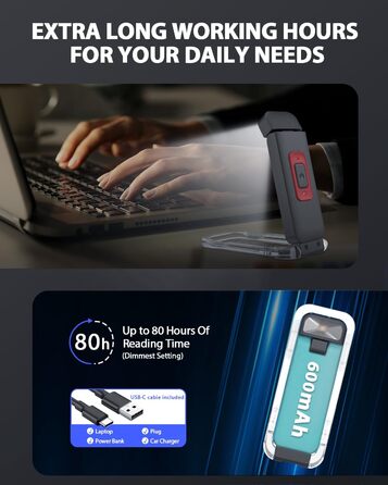 Ліхтарик для читання SFV з кліпсою, USB акумуляторний, 3 кольори світла (білий/бурштиновий/змішаний), 5 рівнів яскравості, для книг та дітей, чорний