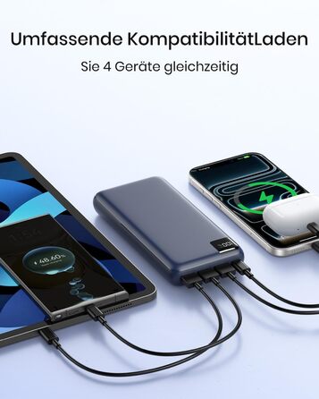 Power Bank A ADDTOP 20000mAh 22.5W USB-C: Зовнішній акумулятор для телефону, портативний зарядний пристрій з 4 портами (Синій)