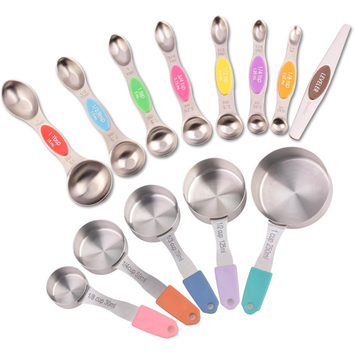 Magnetic measuring cup and spoon set, stainless steel, 5 cups and 7 spoons, with leveler (multicolored)