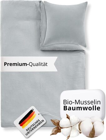 Набір постільної білизни для дитячого ліжечка Kinderbettwäsche: 2 шт. (100x135 см, 40x60 см) | Органічна бавовна, сертифікат ÖkoTex, для алергіків | Набір постільної білизни з мусліну для дітей | Сірий колір