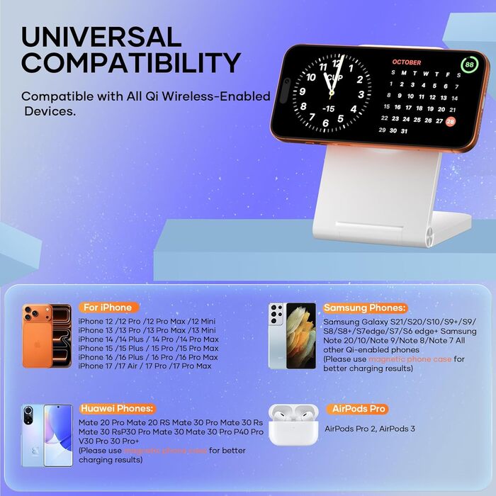 Бездротова зарядка MagSafe, складана, швидка, сумісна з iPhone 17, 16, 15, 14, 13, 12, AirPods 3/2/Pro 2/Pro (G240 White)