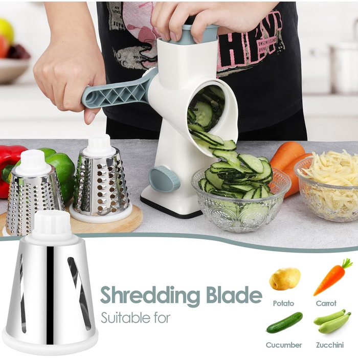 Ручна тертка для сиру та овочів Dreamhigh з ручкою, 3 змінні леза з нержавіючої сталі, для сиру, овочів, горіхів, моркви, огірків, білий колір