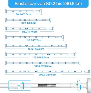 Штанга для штор без свердління AIZESI, 100-230 см, Ø 25 мм, телескопічна, для вікон, душу, балкону (біла)