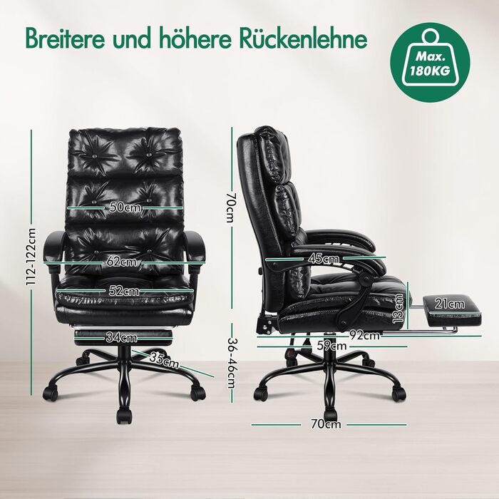 Офісне крісло ALFORDSON з регулюванням нахилу 150°, обертання 360° та підставкою для ніг. PU-шкіра, глянцевий чорний колір Palmer. Підходить для роботи та геймінгу.