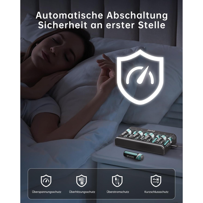 Зарядний пристрій Dlyfull для акумуляторів AAA/AA, 8-канальний зарядний пристрій з LED-дисплеєм, 5V/2A USB-C, для NI-MH/NI-CD, чорний