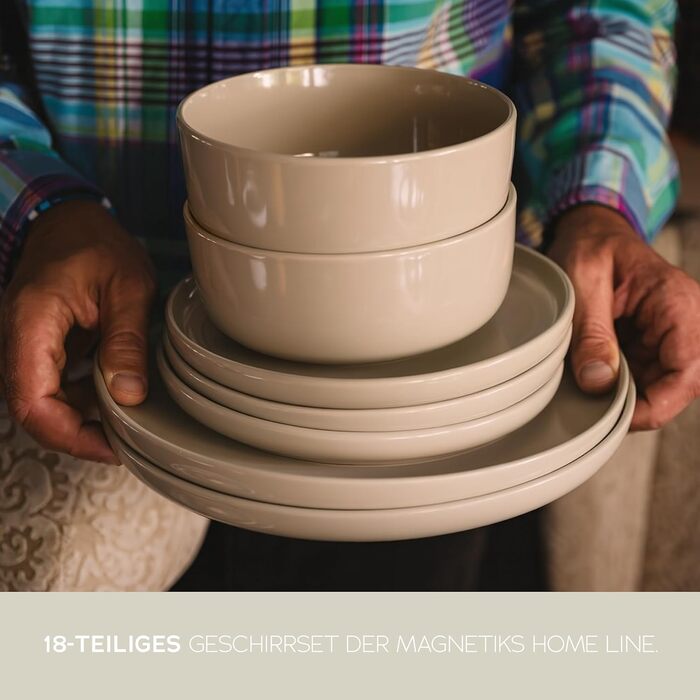 Набір посуду Feinsteinzeug на 6 осіб (18 предметів) — міцний та стійкий до подряпин, бежевий глянцевий | Тарілки, тарілки для десерту та миски | Magnetiks Soft Pebble | 18 предметів