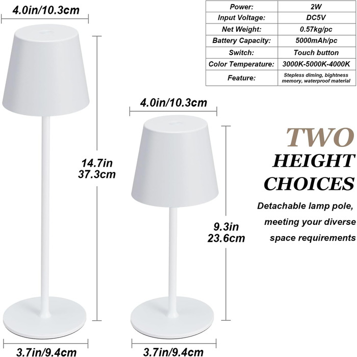 Акумуляторна настільна LED лампа бездротова з USB-C зарядкою, регульована яскравість, 3 режими світла, сенсорна лампа для дому, спальні, кемпінгу (біла)