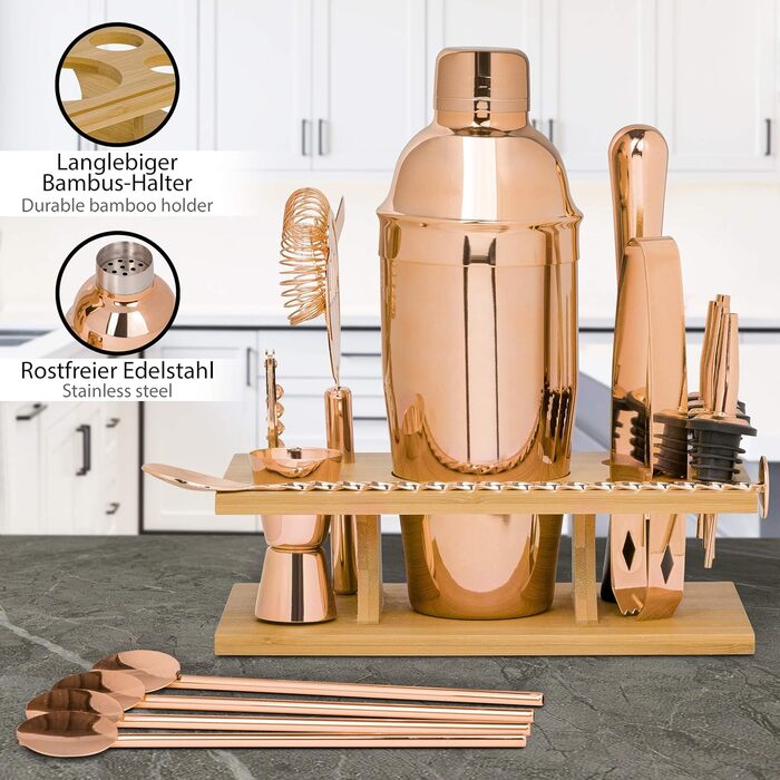 ONVAYA® Cocktail Set in Rosé-Gold | Cocktail Gift Set with Bamboo Holder | Cocktail Shaker Set | Professional Bartender Set | Moscow Mule Mugs (Cocktail Set)