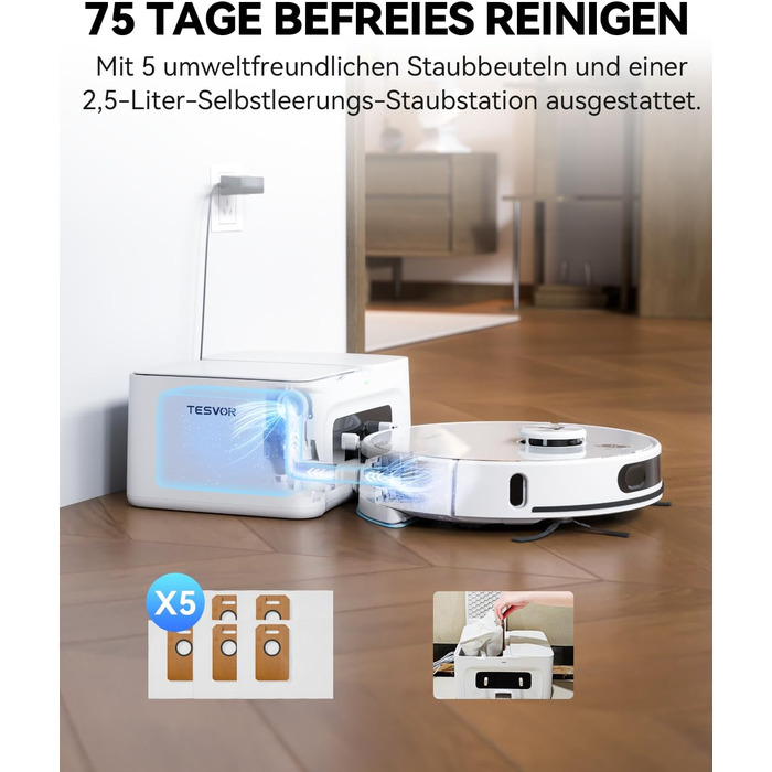 Робот-пилосос Tesvor S8MAX 3-в-1 з функцією миття підлоги, 8000Pa, LiDAR-навігація, 240 хвилин роботи, керування через додаток/Alexa, самостійна вивантаження сміття, 2.5L, для великих приміщень та домогосподарств з тваринами